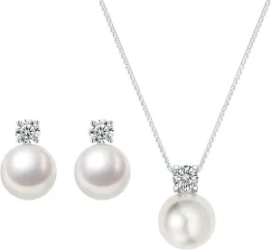 Pearl Earrings Necklace Set Silver Pearl Stud Earrings for Women Minimalist Pearl Earring Necklace Trendy Hypoallergenic Wedding Earrings for Women