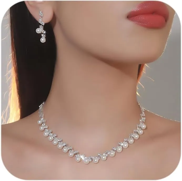 Pearl Rhinestone Necklace Earring Set for Women Rhinestone Pearl Choker Necklace Cubic Zirconia Earrings Sets for Bride Bridesmaid Wedding Prom Party Jewelry