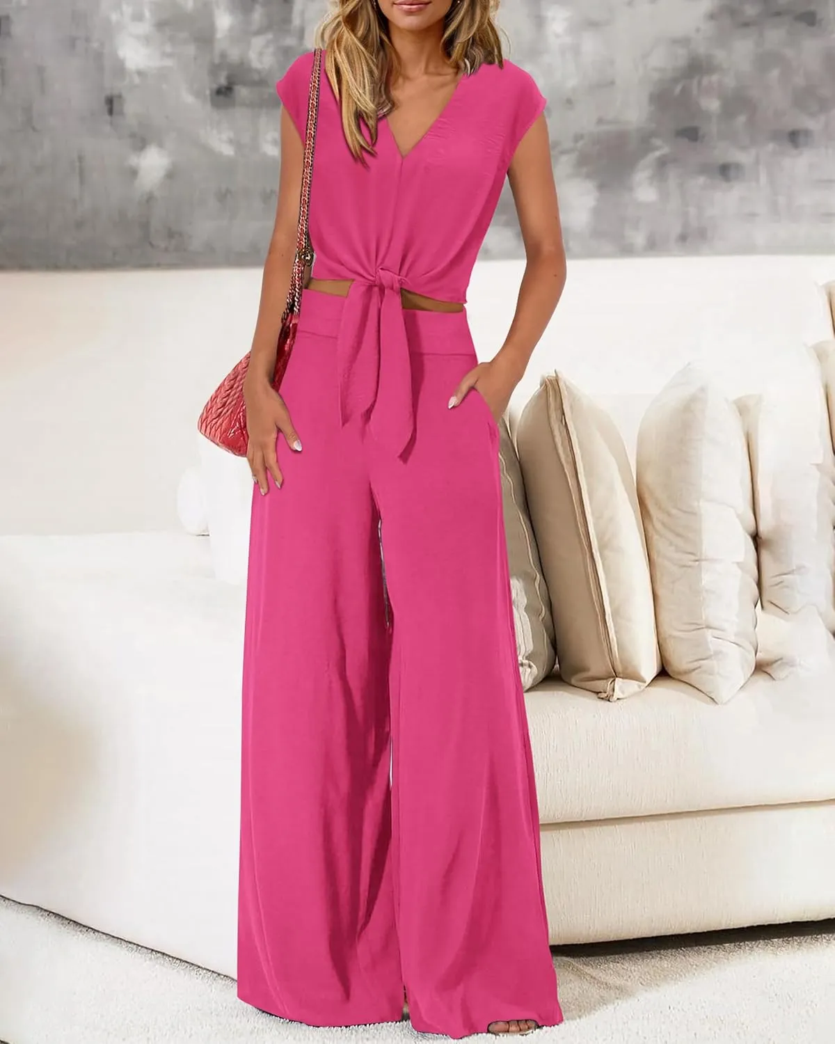 PRETTYGARDEN Women's Summer 2 Piece Outfits 2025 Cap Sleeve V Neck Belted Crop Tops Wide Leg Pant Sets Casual Tracksuit