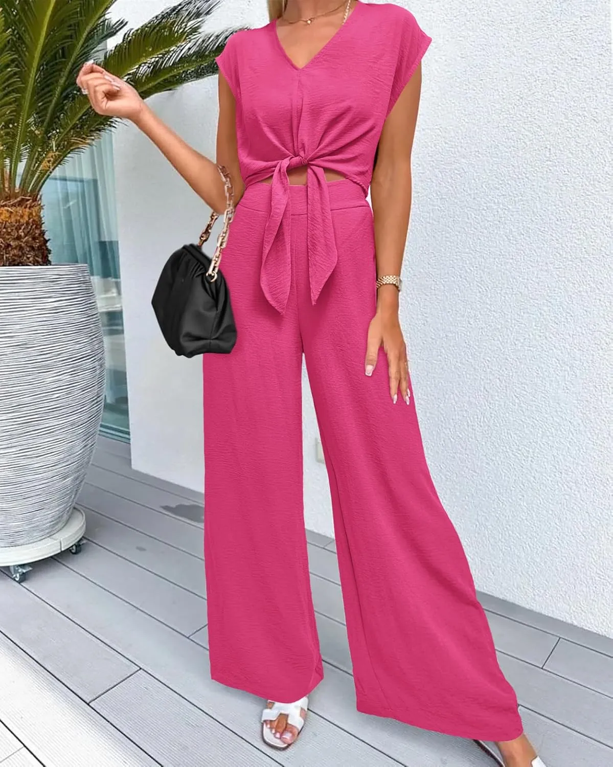 PRETTYGARDEN Women's Summer 2 Piece Outfits 2025 Cap Sleeve V Neck Belted Crop Tops Wide Leg Pant Sets Casual Tracksuit
