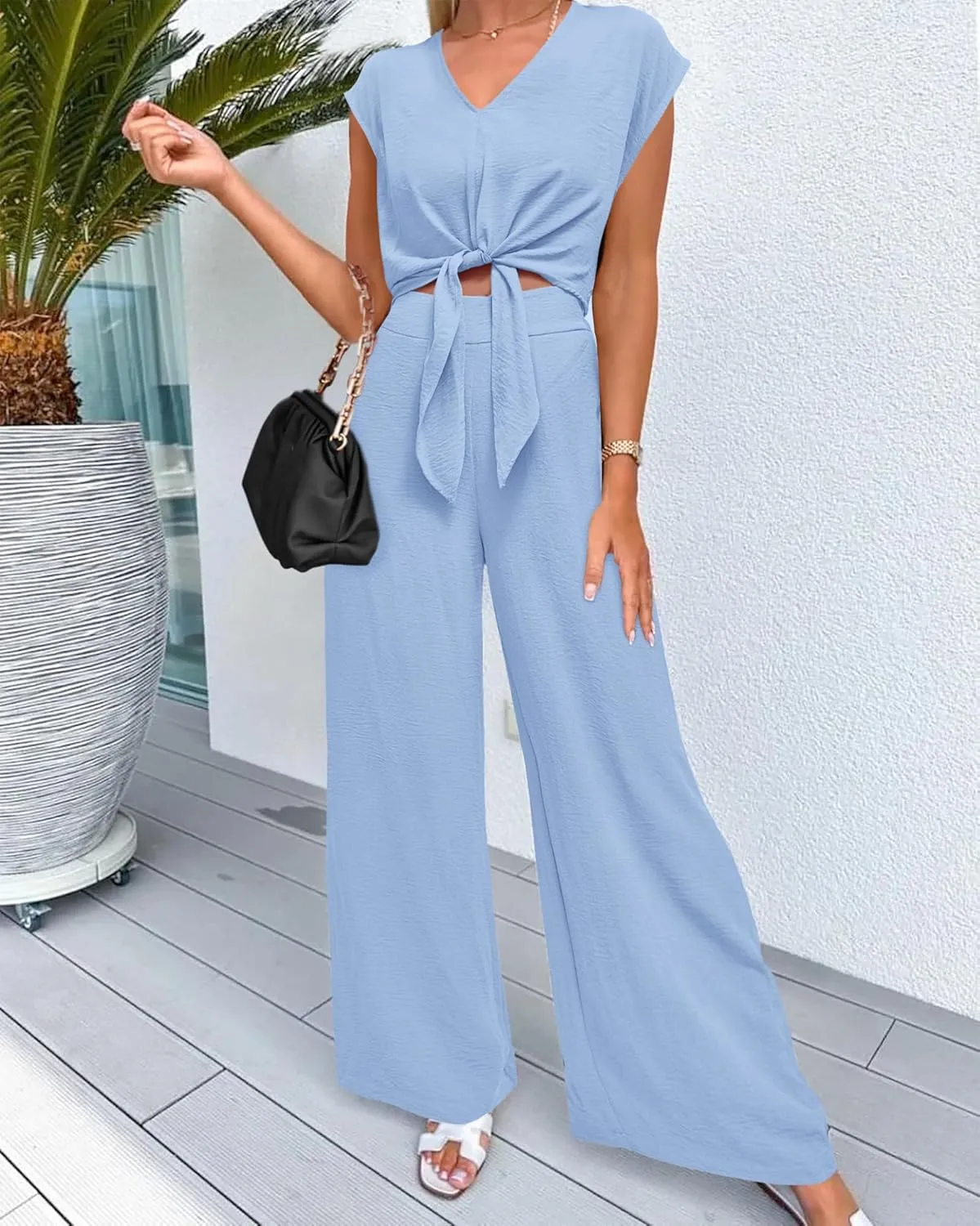 PRETTYGARDEN Women's Summer 2 Piece Outfits 2025 Cap Sleeve V Neck Belted Crop Tops Wide Leg Pant Sets Casual Tracksuit