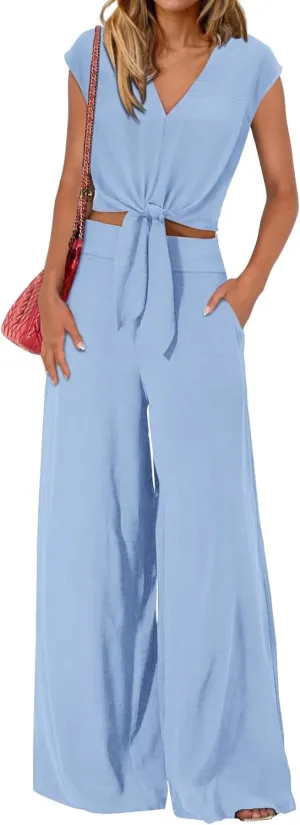 PRETTYGARDEN Women's Summer 2 Piece Outfits 2025 Cap Sleeve V Neck Belted Crop Tops Wide Leg Pant Sets Casual Tracksuit
