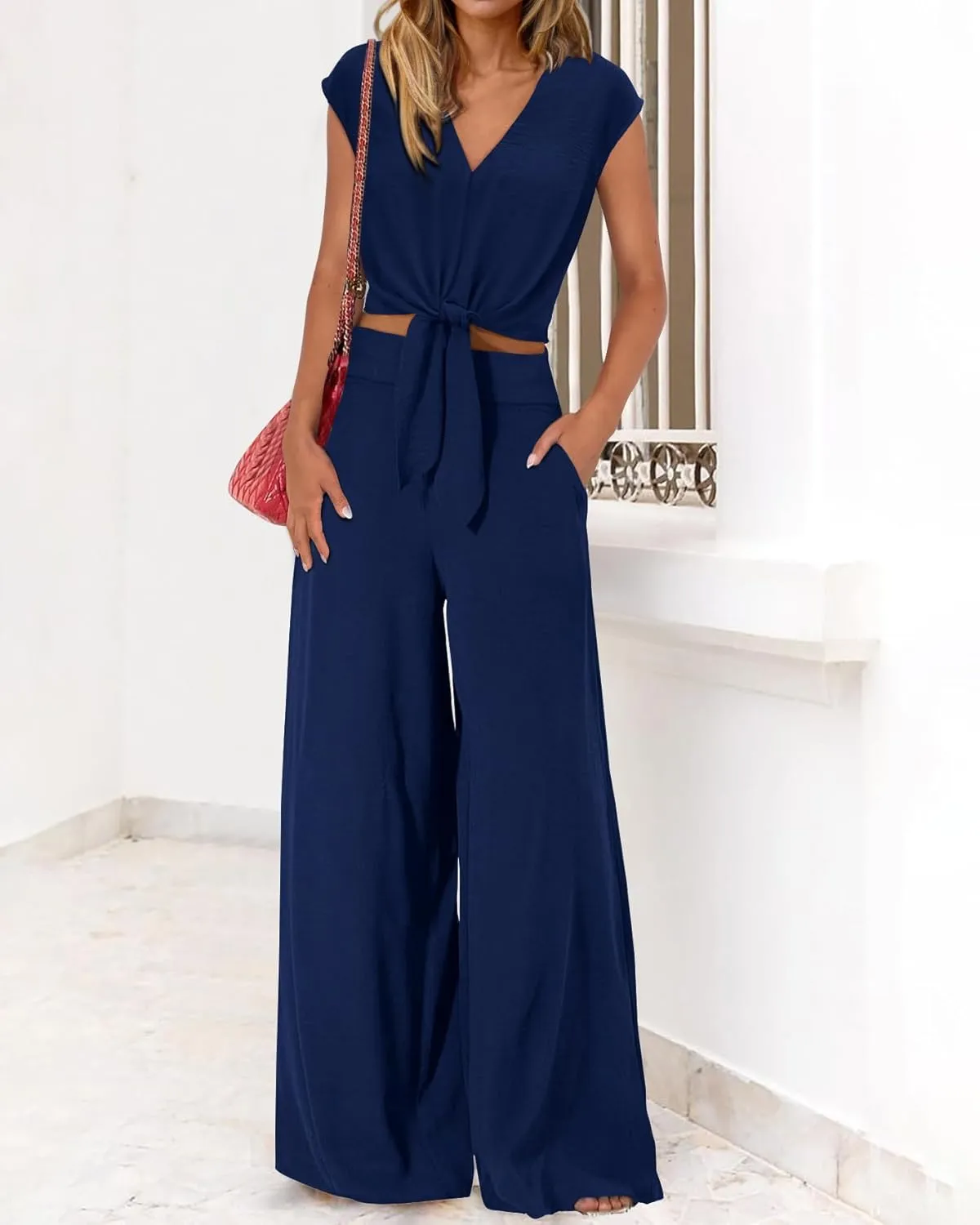 PRETTYGARDEN Women's Summer 2 Piece Outfits 2025 Cap Sleeve V Neck Belted Crop Tops Wide Leg Pant Sets Casual Tracksuit
