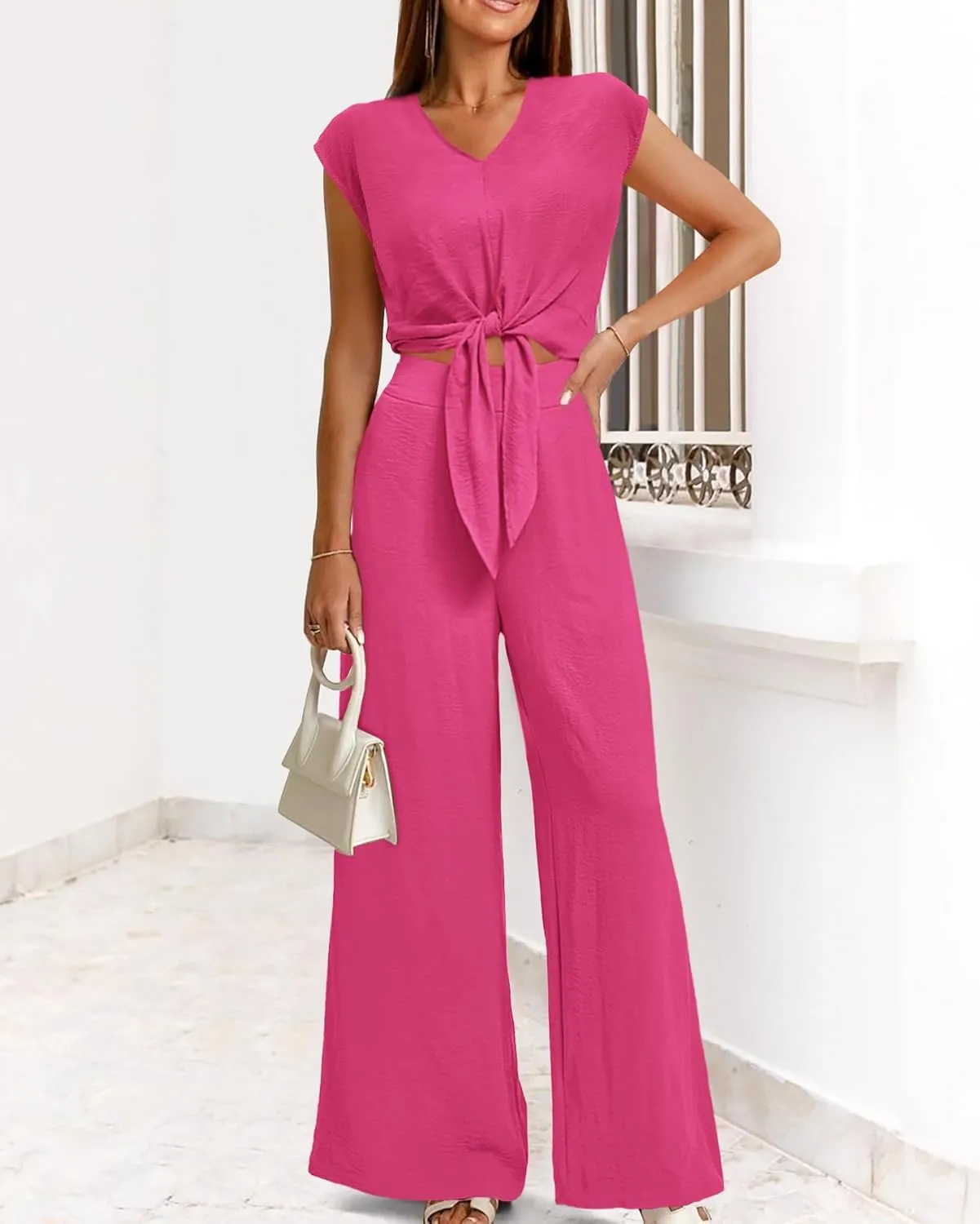 PRETTYGARDEN Women's Summer 2 Piece Outfits 2025 Cap Sleeve V Neck Belted Crop Tops Wide Leg Pant Sets Casual Tracksuit