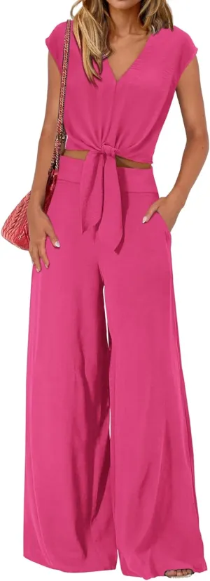 PRETTYGARDEN Women's Summer 2 Piece Outfits 2025 Cap Sleeve V Neck Belted Crop Tops Wide Leg Pant Sets Casual Tracksuit