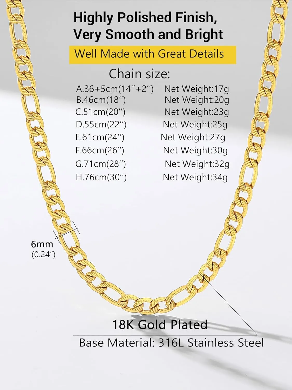 PROSTEEL 316L Stainless Steel Figaro Chain Necklace for Men, Black/18K Real Gold Plated, 4mm to 13mm, 14inch to 30inch, Come with Box