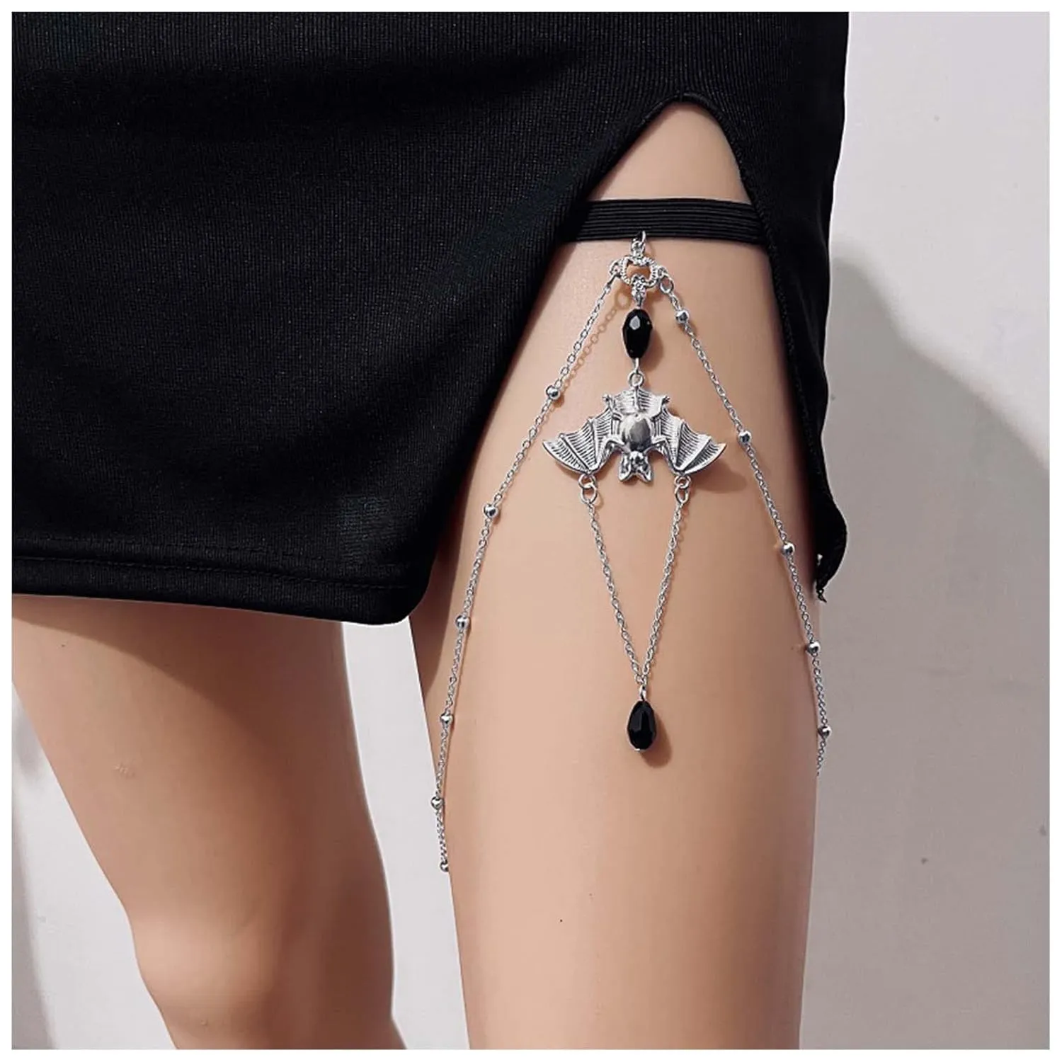Punk Layered Bat Leg Chain Silver Bat Thigh Chain Vintage Thigh Leg Chain Rave Bikini Thigh Body Chain Jewelry for Women Halloween Gifts (Silver)
