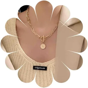 Punk Layered Toggle Necklace Choker Gold Paperclip Chain Necklace Toggle Bar Clasp Necklace Vintage Coin Disc Pendant Necklace Chain Jewelry for Women Gift