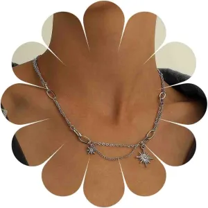 Punk North Star Pendant Necklace Layered North Star Necklace Choker Sunburst Pendant Necklace Silver Star Chain Necklace Jewelry for Women