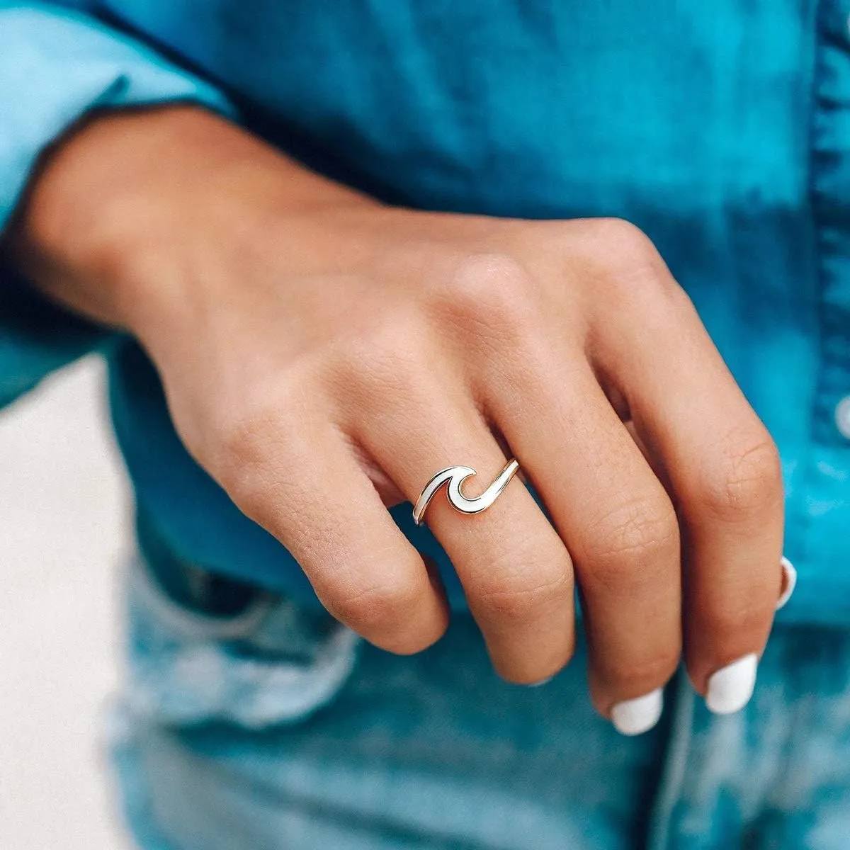Pura Vida Silver or Gold Enamel Wave Ring - Brass Base Band - Rhodium Plating, Sizes 5-9