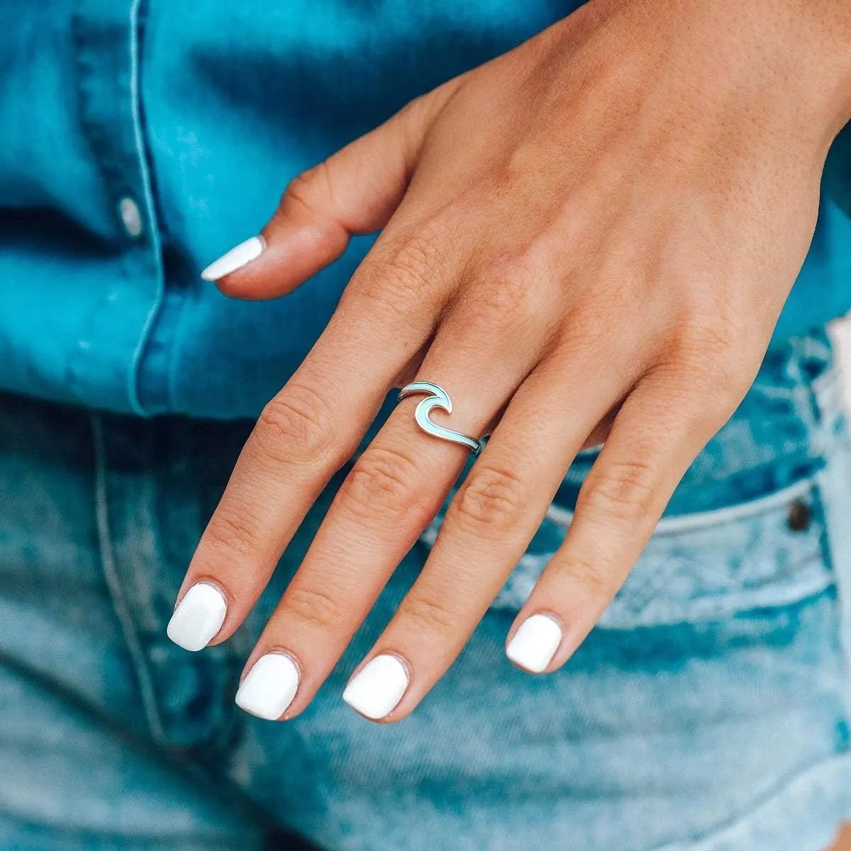 Pura Vida Silver or Gold Enamel Wave Ring - Brass Base Band - Rhodium Plating, Sizes 5-9