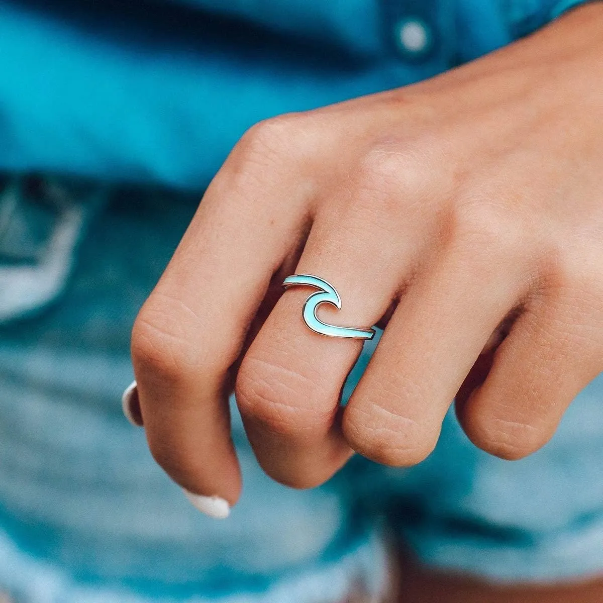 Pura Vida Silver or Gold Enamel Wave Ring - Brass Base Band - Rhodium Plating, Sizes 5-9