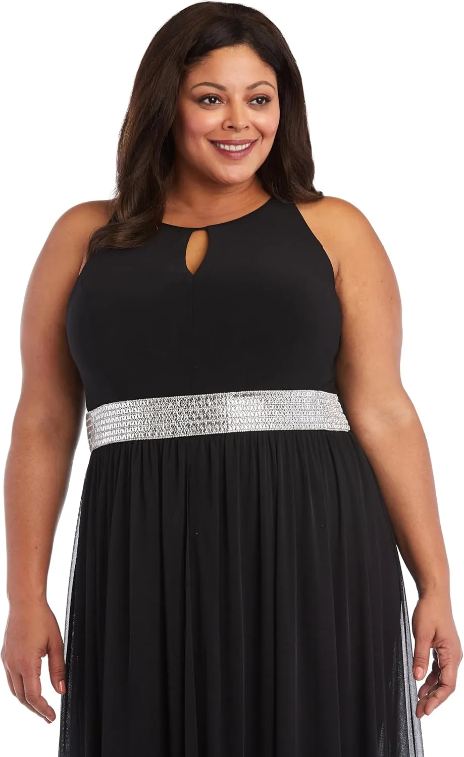 R&M Richards Elegant Halter Neck Jumpsuit W/Keyhole Detail, Rhinestone Waistband & Chiffon Overlay