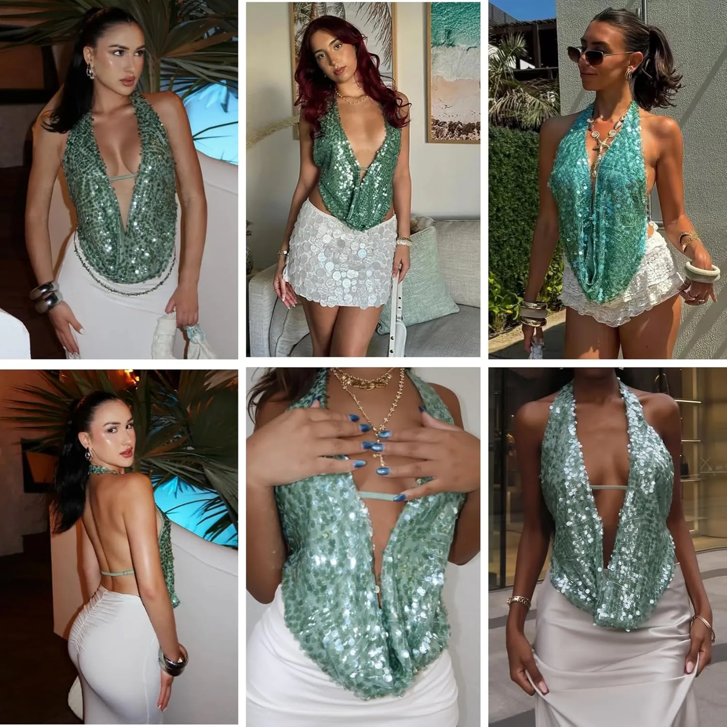 RARITYUS Women's Sexy Halter Open Back Sequin Crop Top Glitter Low Cut Cowl Neck Camisole Rave Concert Tank Tops