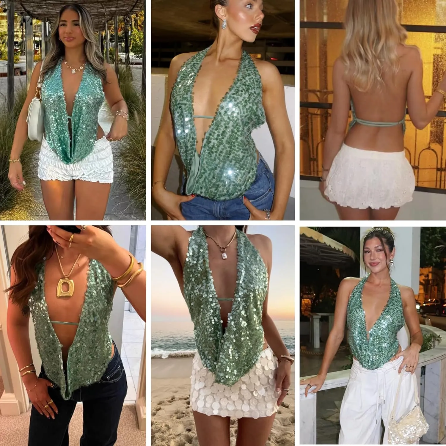 RARITYUS Women's Sexy Halter Open Back Sequin Crop Top Glitter Low Cut Cowl Neck Camisole Rave Concert Tank Tops