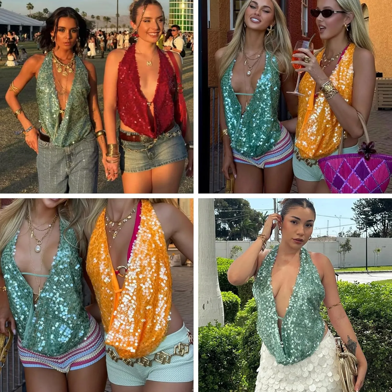 RARITYUS Women's Sexy Halter Open Back Sequin Crop Top Glitter Low Cut Cowl Neck Camisole Rave Concert Tank Tops