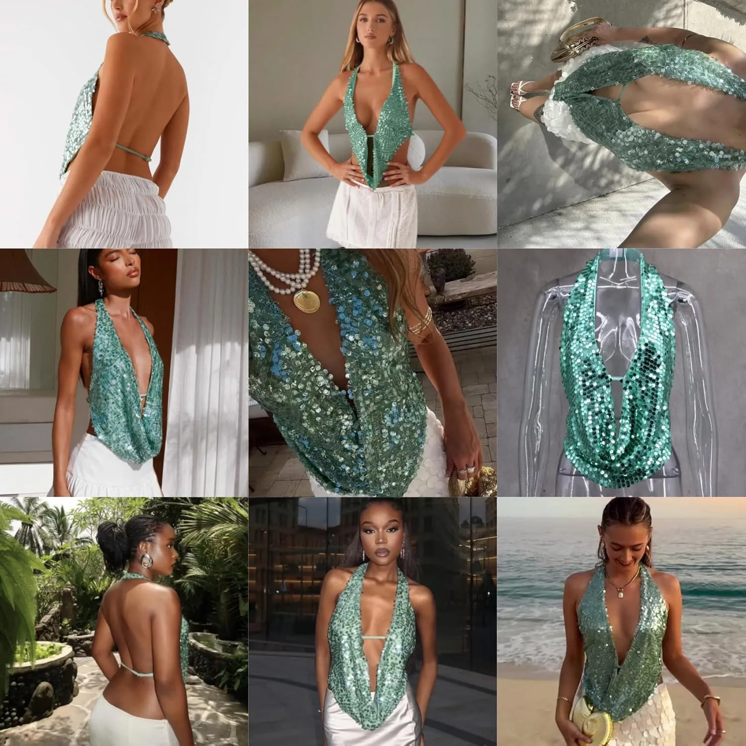 RARITYUS Women's Sexy Halter Open Back Sequin Crop Top Glitter Low Cut Cowl Neck Camisole Rave Concert Tank Tops