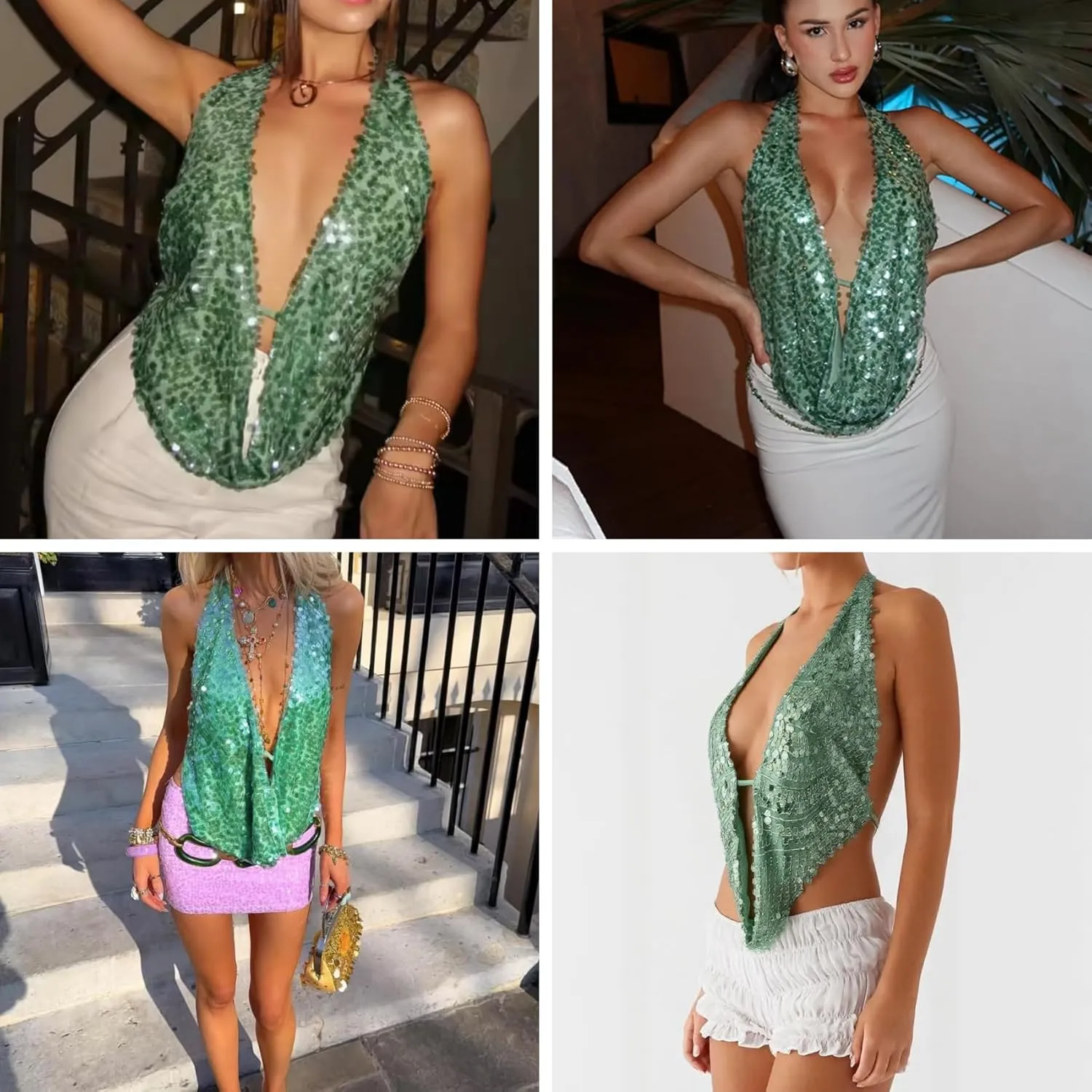 RARITYUS Women's Sexy Halter Open Back Sequin Crop Top Glitter Low Cut Cowl Neck Camisole Rave Concert Tank Tops