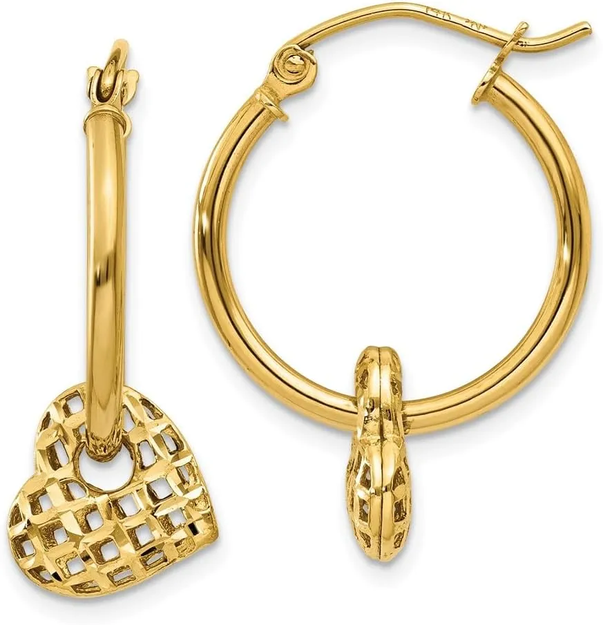 Real 14k Yellow Gold Moveable Heart Hoop Earrings - 23mm x 19mm