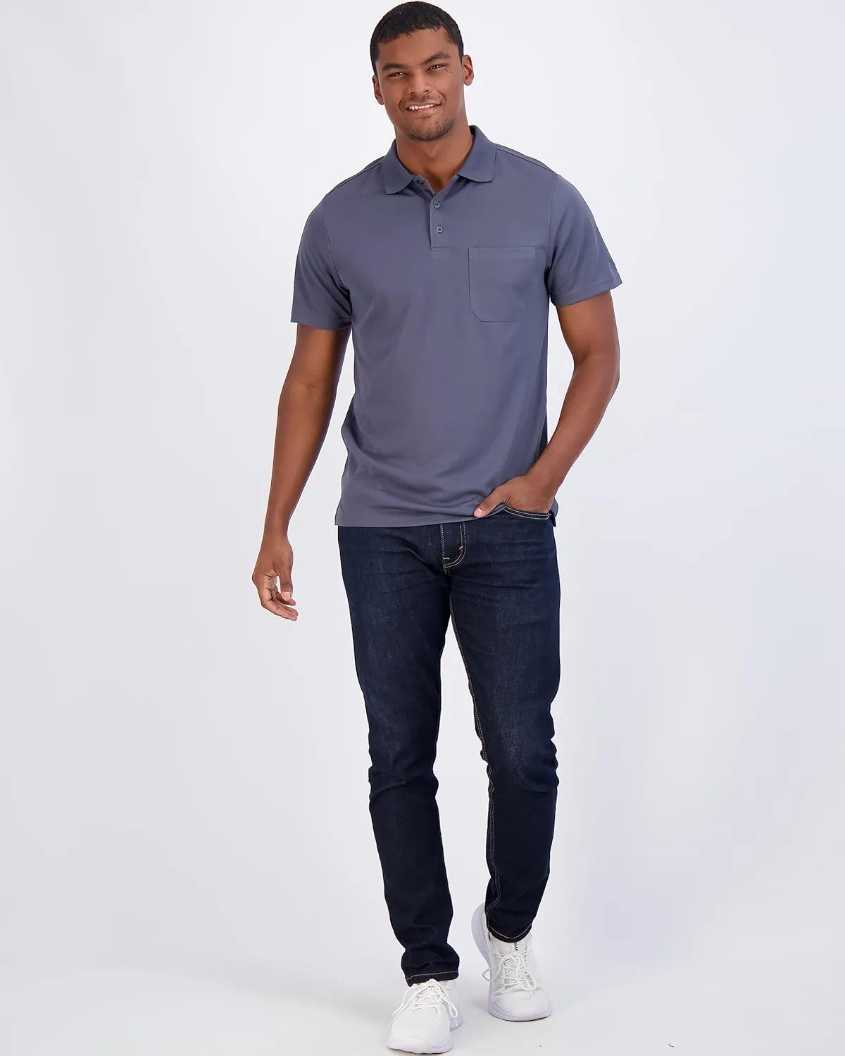Real Essentials 3 Pack: Mens Short Sleeve Dry-Fit Collared Polo Shirt with Pocket - Active Casual (Available Big & Tall)