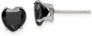 Real Stainless Steel 7mm Black Heart CZ Cubic Zirconia Stud Post Earrings - 7mm x 6mm