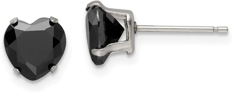 Real Stainless Steel 7mm Black Heart CZ Cubic Zirconia Stud Post Earrings - 7mm x 6mm