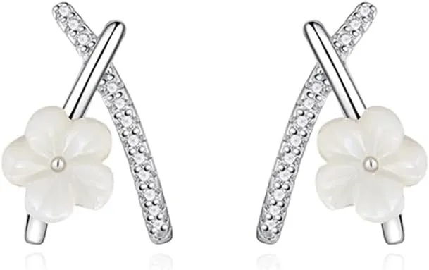 Reffeer Solid 925 Sterling Silver Flower Cuff Piercing Earrings for Women Teens CZ X Cuff Earrings Studs Flower Wraps