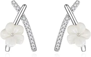 Reffeer Solid 925 Sterling Silver Flower Cuff Piercing Earrings for Women Teens CZ X Cuff Earrings Studs Flower Wraps
