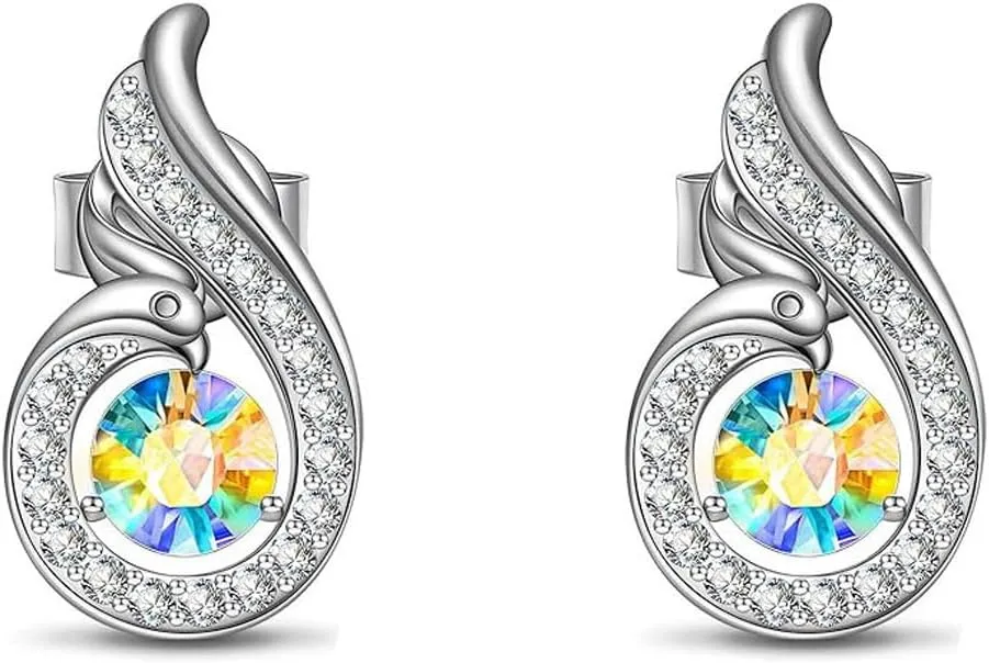 Rise From the Ashes Phoenix Earrings For Women, Birds Pierced Stud Blue Crystal Luck and Renewal Gift Jewelry