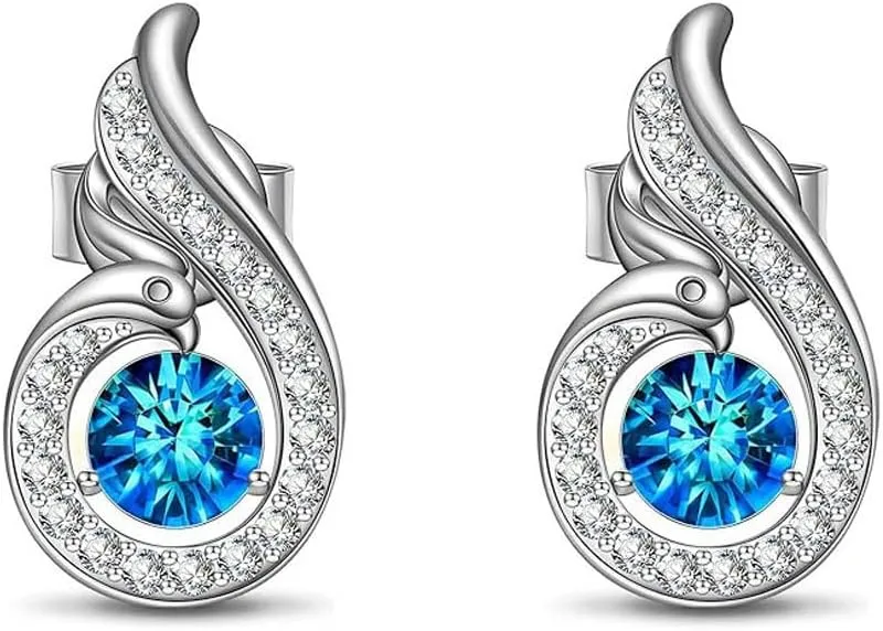 Rise From the Ashes Phoenix Earrings For Women, Birds Pierced Stud Blue Crystal Luck and Renewal Gift Jewelry