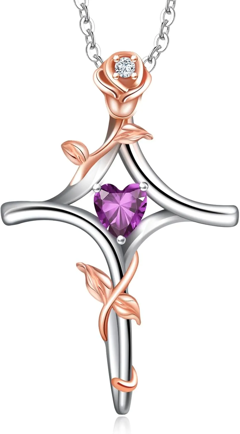 RIVIKO Rose Flower Cross Necklace for Women,925 Sterling Silver Birthstone Necklaces Heart Pendant,Cross Jewelry Anniversary Birthday Gifts for Women Wife Mom Lady