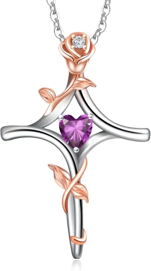 RIVIKO Rose Flower Cross Necklace for Women,925 Sterling Silver Birthstone Necklaces Heart Pendant,Cross Jewelry Anniversary Birthday Gifts for Women Wife Mom Lady