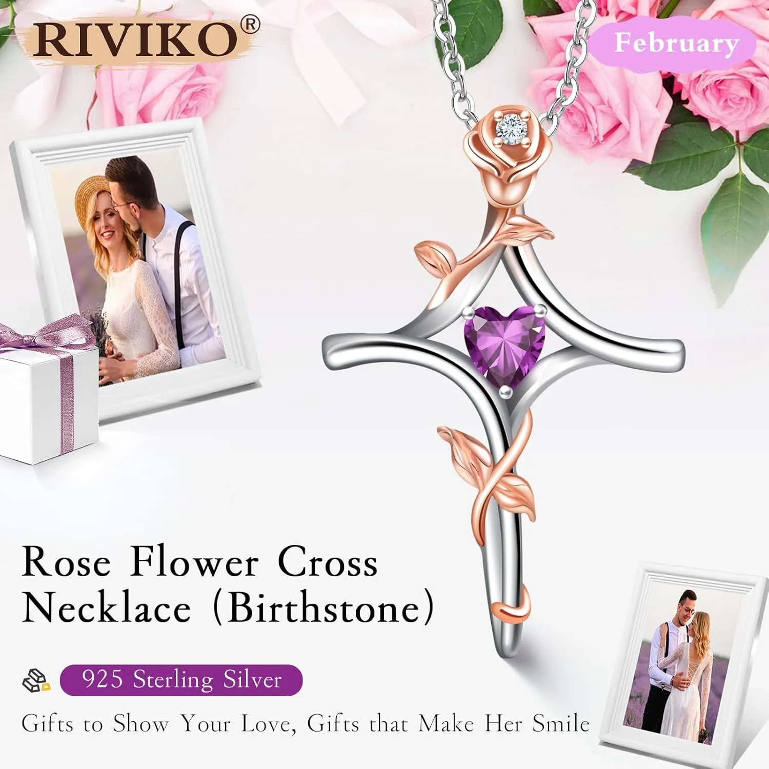 RIVIKO Rose Flower Cross Necklace for Women,925 Sterling Silver Birthstone Necklaces Heart Pendant,Cross Jewelry Anniversary Birthday Gifts for Women Wife Mom Lady