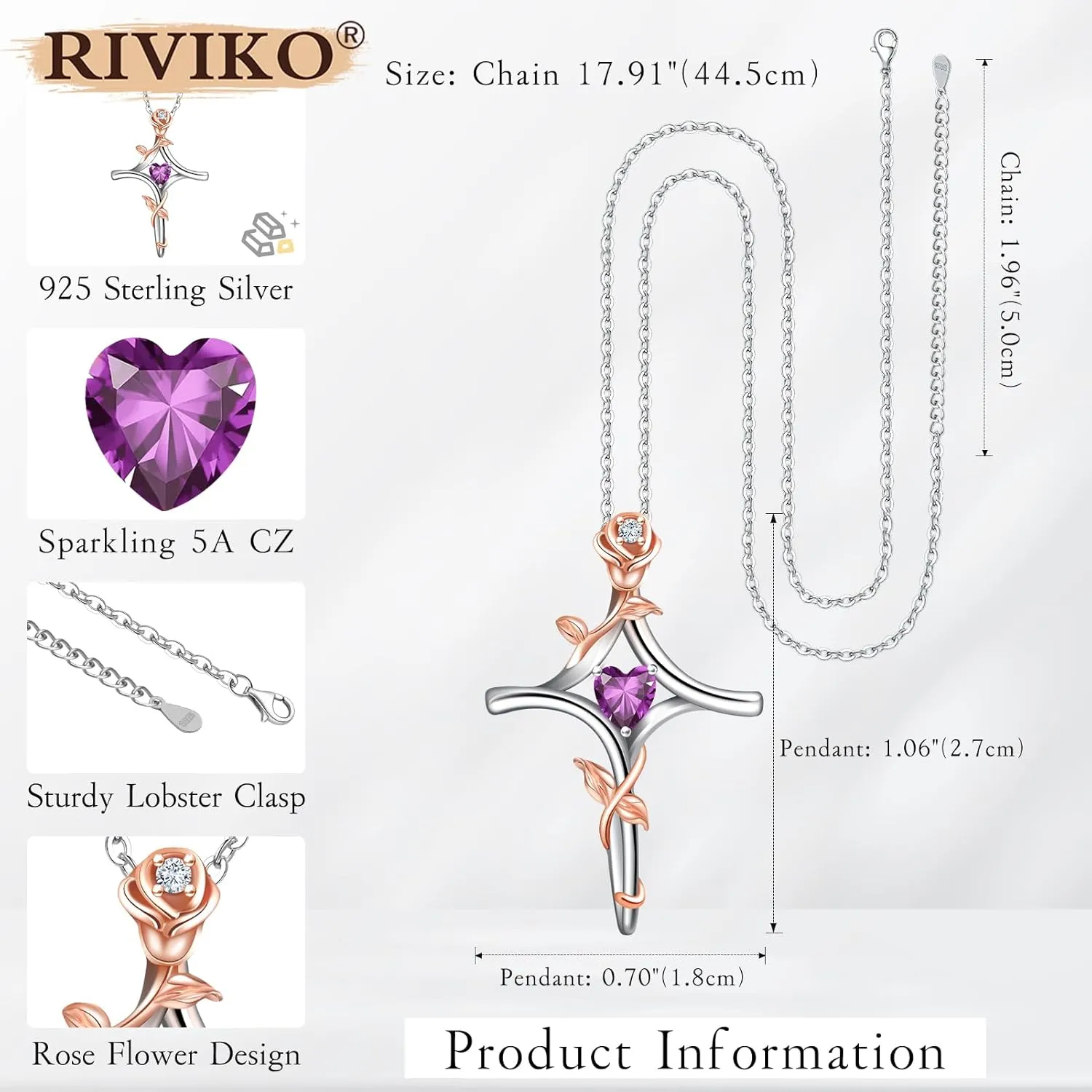 RIVIKO Rose Flower Cross Necklace for Women,925 Sterling Silver Birthstone Necklaces Heart Pendant,Cross Jewelry Anniversary Birthday Gifts for Women Wife Mom Lady