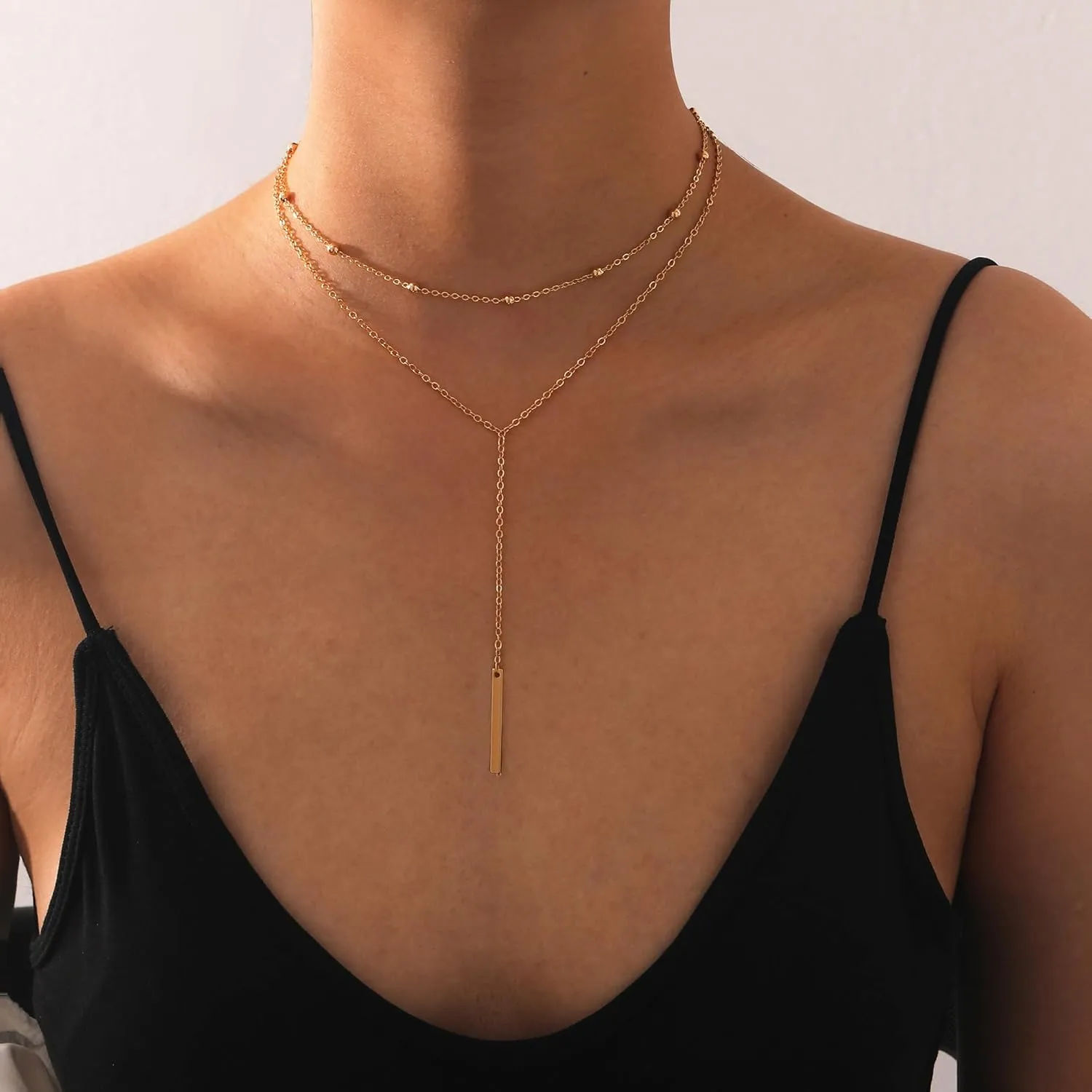 RLMOON Lariat Necklace for Women Gold Long Y Necklace Trendy 14K Gold Plated Layered Drop Necklace Dainty CZ Pearl Bar pendant Necklace Women Wedding Jewelry
