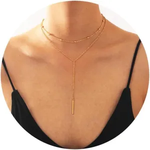 RLMOON Lariat Necklace for Women Gold Long Y Necklace Trendy 14K Gold Plated Layered Drop Necklace Dainty CZ Pearl Bar pendant Necklace Women Wedding Jewelry