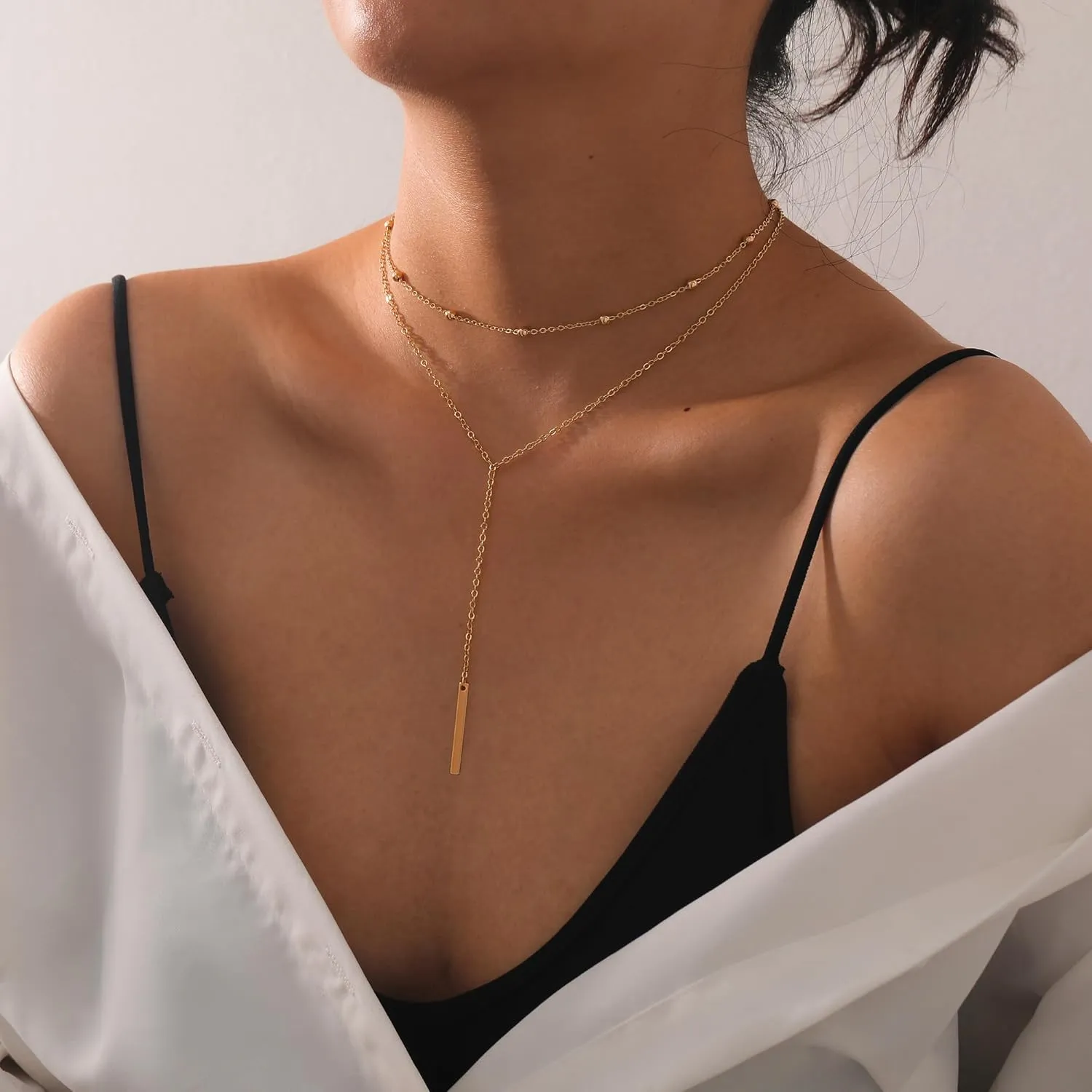 RLMOON Lariat Necklace for Women Gold Long Y Necklace Trendy 14K Gold Plated Layered Drop Necklace Dainty CZ Pearl Bar pendant Necklace Women Wedding Jewelry