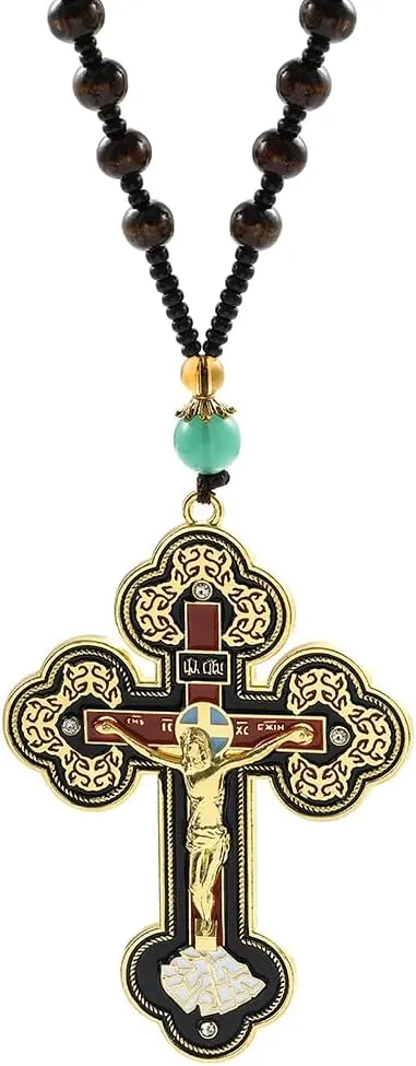 rongji jewelry Vintage Religious Cross Pendant Necklace - Orthodox Baptismal Cross Religious Charm Pendant with Anxiety Relief Beaded Chain for Men and Women