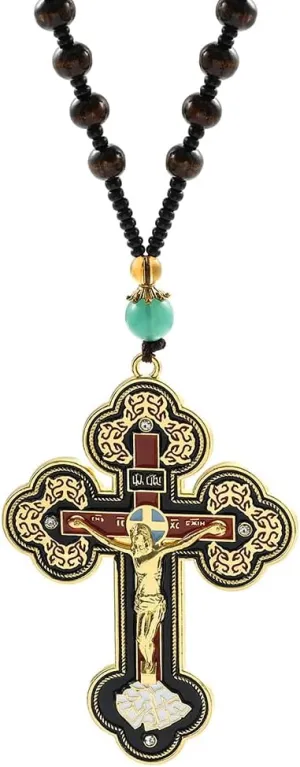 rongji jewelry Vintage Religious Cross Pendant Necklace - Orthodox Baptismal Cross Religious Charm Pendant with Anxiety Relief Beaded Chain for Men and Women