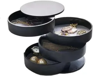 Round Jewelry Box Necklace Holder for Women, Jewelry Storage Box 4-Layer Rotatable Jewelry Accessory Storage Tray with Lid for Rings/Earrings/Bracelets,black