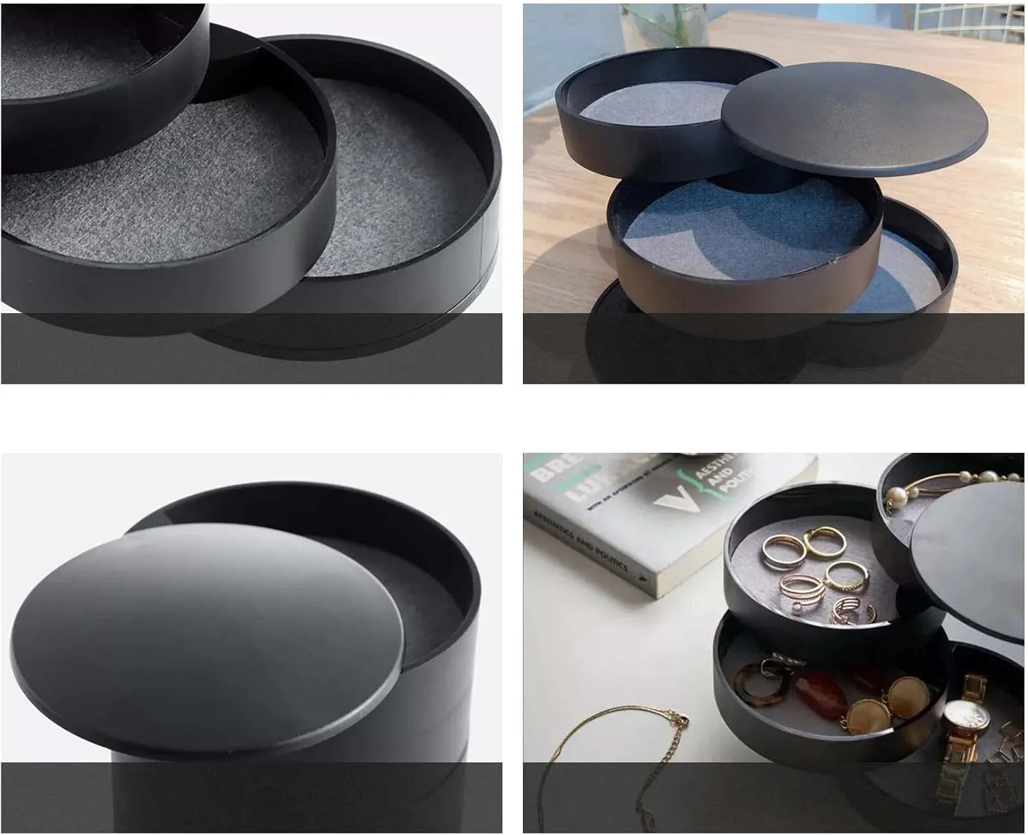 Round Jewelry Box Necklace Holder for Women, Jewelry Storage Box 4-Layer Rotatable Jewelry Accessory Storage Tray with Lid for Rings/Earrings/Bracelets,black