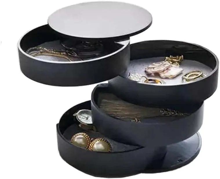 Round Jewelry Box Necklace Holder for Women, Jewelry Storage Box 4-Layer Rotatable Jewelry Accessory Storage Tray with Lid for Rings/Earrings/Bracelets,black