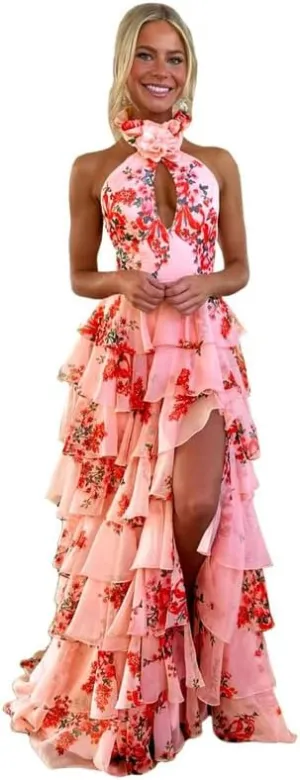 Ruffles Floral Prom Dress Tiered Halter Long Hollow Out Formal Evening Party Gowns witth Slit
