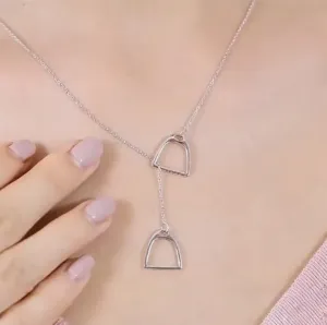S925 Sterling Silver Double Horse Stirrup Lariat Necklace Y Style Layered Horseshoe Pendant