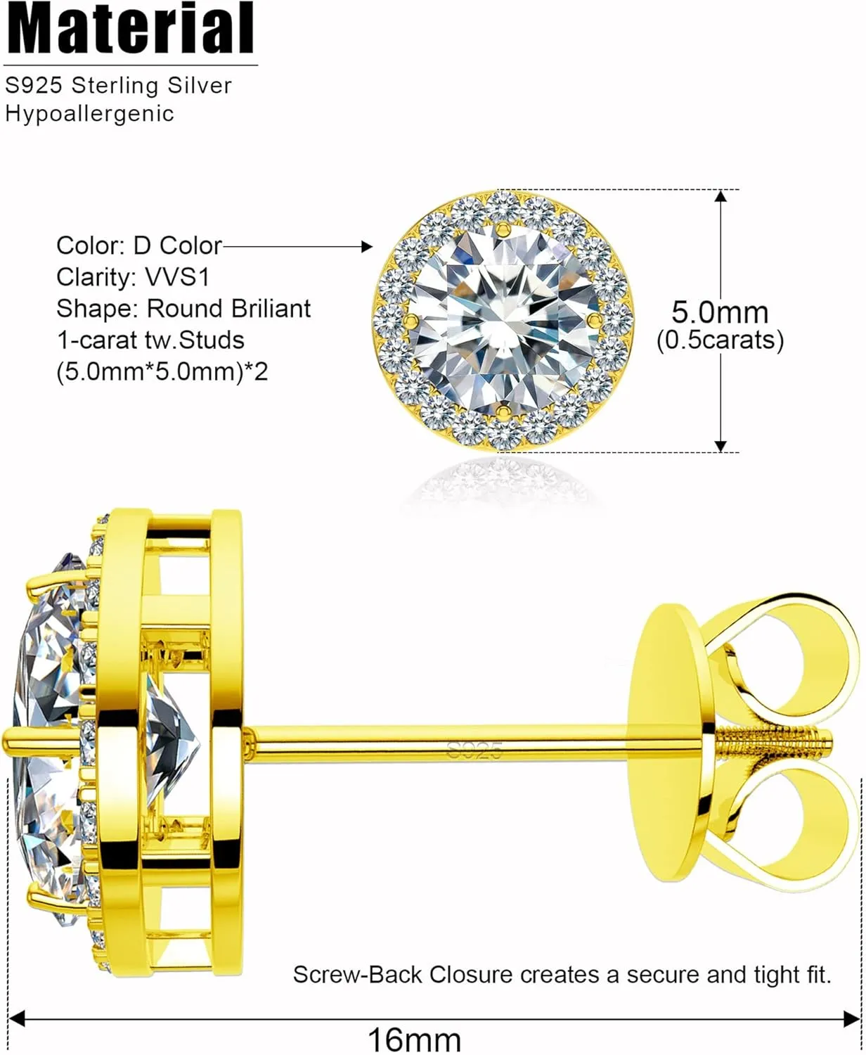 S925 Sterling Silver Moissanite Diamond Stud Earrings For Women Men, 0.5ct- 2ct D Color Vvs1 Clarity Moissanite Stud Earrings For Men Women Hypoallergenic, Womens Cartilage Piercing Jewelry Aretes