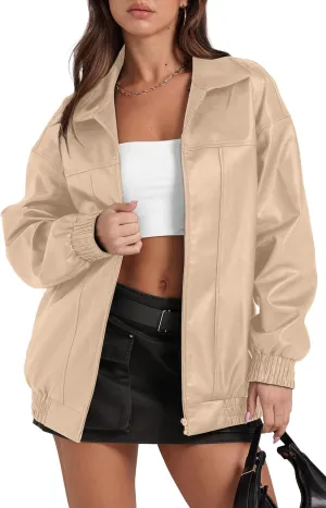 SAMPEEL Leather Jacket Women Faux Oversized Motorcycle Bomber Coats 2024 Fall Fashion Outfits Winter Clothes