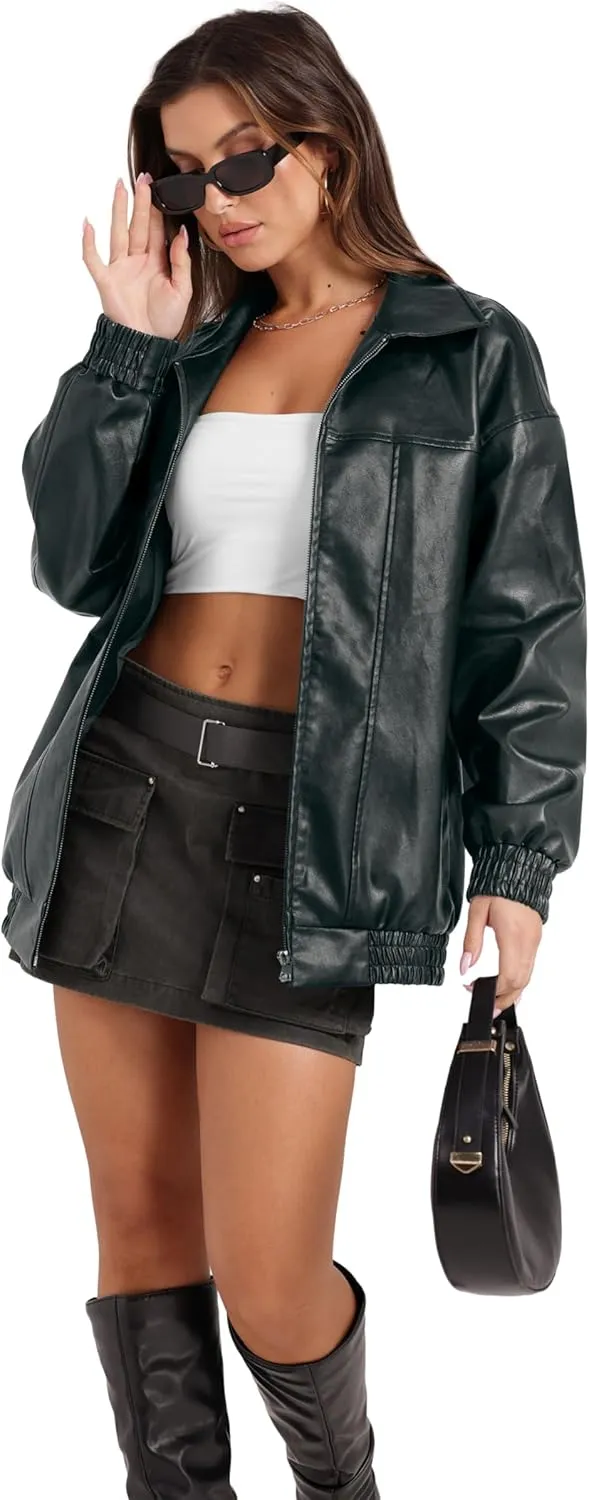 SAMPEEL Leather Jacket Women Faux Oversized Motorcycle Bomber Coats 2024 Fall Fashion Outfits Winter Clothes