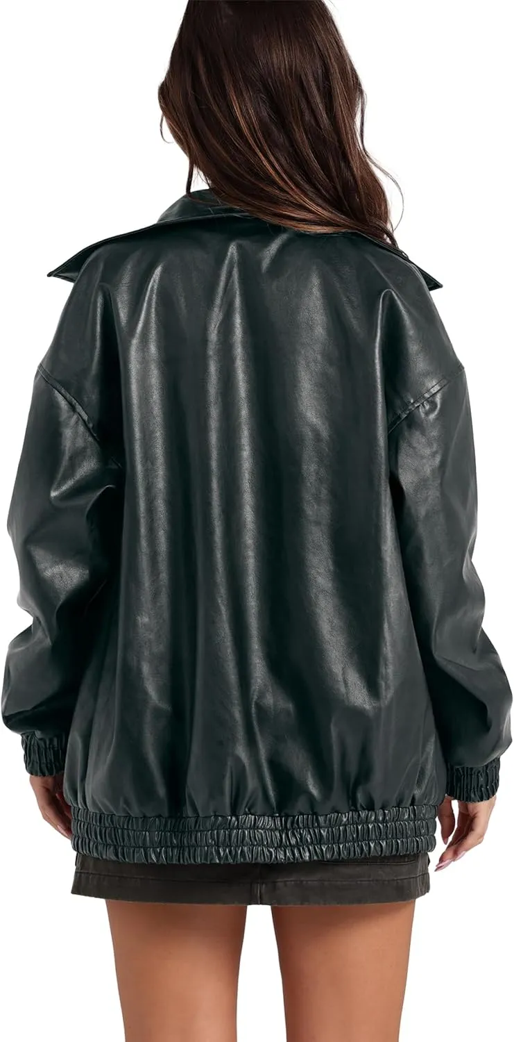 SAMPEEL Leather Jacket Women Faux Oversized Motorcycle Bomber Coats 2024 Fall Fashion Outfits Winter Clothes