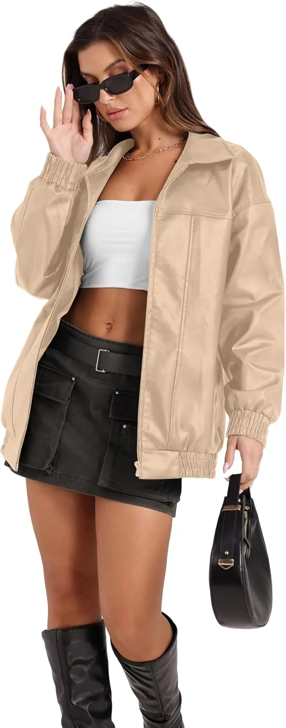 SAMPEEL Leather Jacket Women Faux Oversized Motorcycle Bomber Coats 2024 Fall Fashion Outfits Winter Clothes