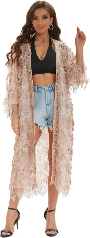 Sequin Cardigan  Women's Sparkly Summer Kimono Fringed Duster Dress, Sexy Hooded Open Front Cover Up for Parties, Festivals